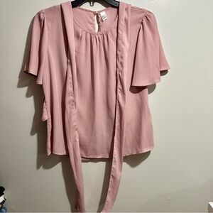 Pink Flutter Sleeve Relaxed Wrap Tie Front Blouse (982)